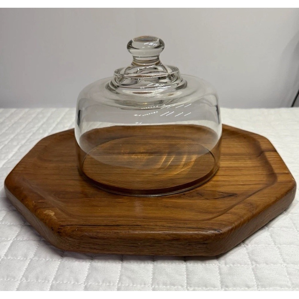 Dolphin Teakwood Octagon Serving Tray 11in Brown Wood w/ Clear Glass Dome Lid